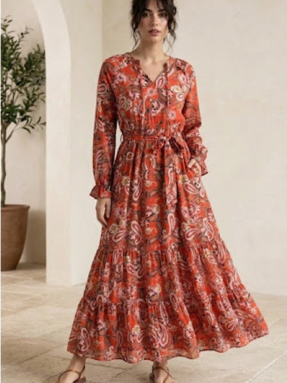 🔴 Allison Brittney Petite Paisley Boho Tiered Maxi Dress Long Sleeve Orange PL